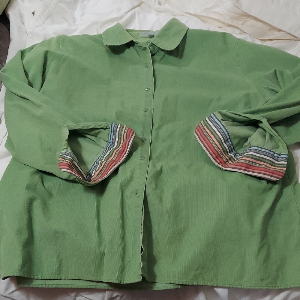 Foxcroft Green Button-Up Shirt with Striped Collar And Cuffs 14w